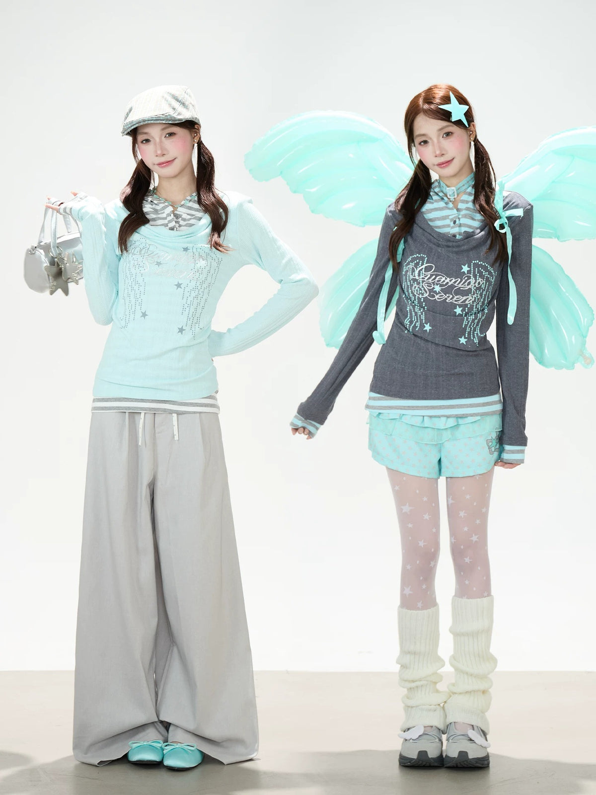 Angel Wing Graphic Hooded Stripe Layered Long Sleeve Top