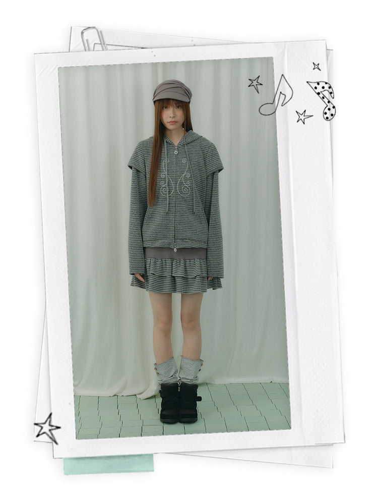 Charcoal Stripe Music Note Faux-Layer Zip Hoodie