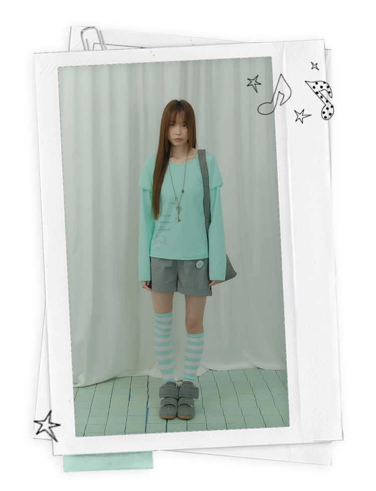 Mint Haze Faux-Layer Graphic Long Sleeve Top