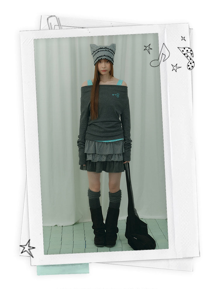 Charcoal Dot & Star Tiered Ruffle Mini Skirt