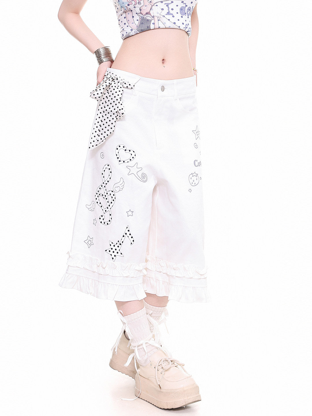 Polka Dot Music Note Ruffle Capri Pants