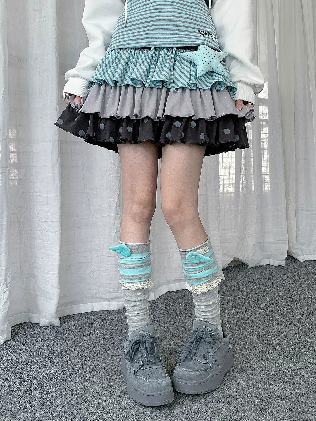 Polka Dot Stripe Tiered Ruffle Mini Skirt