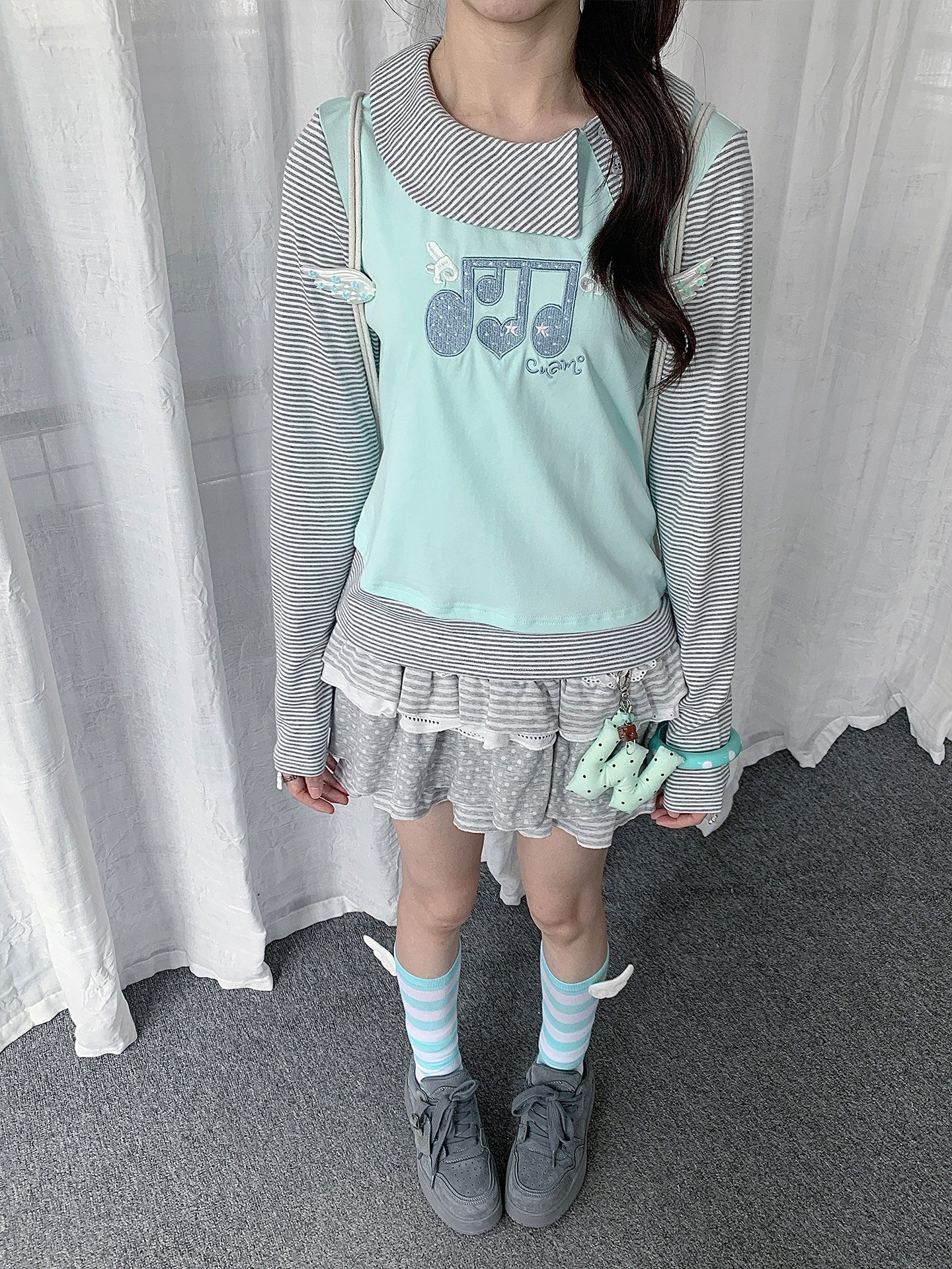 Music Note Embroidered Faux-Layered Long Sleeve Top