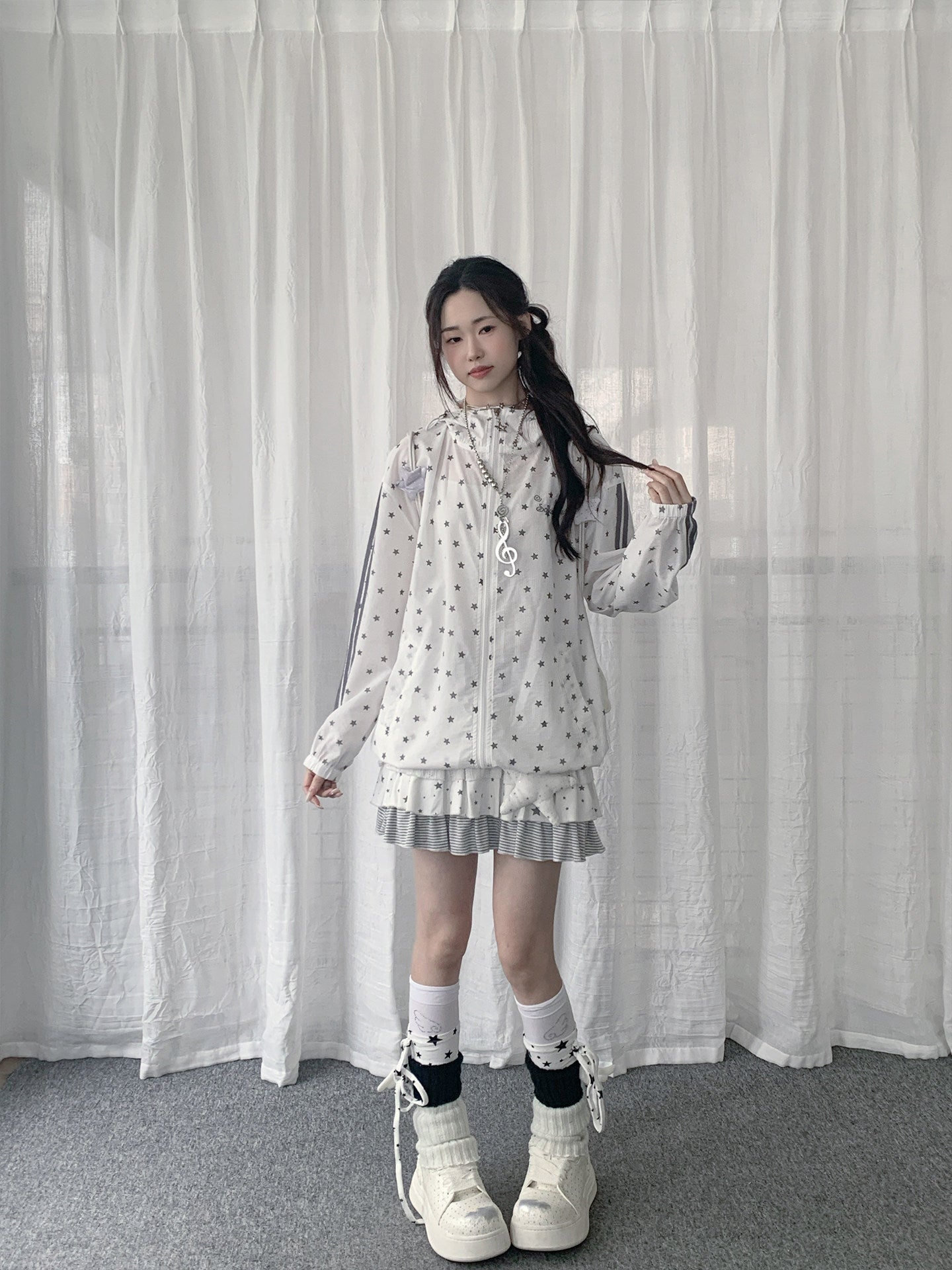 Star Print Sheer Hooded Lightweight Jacket