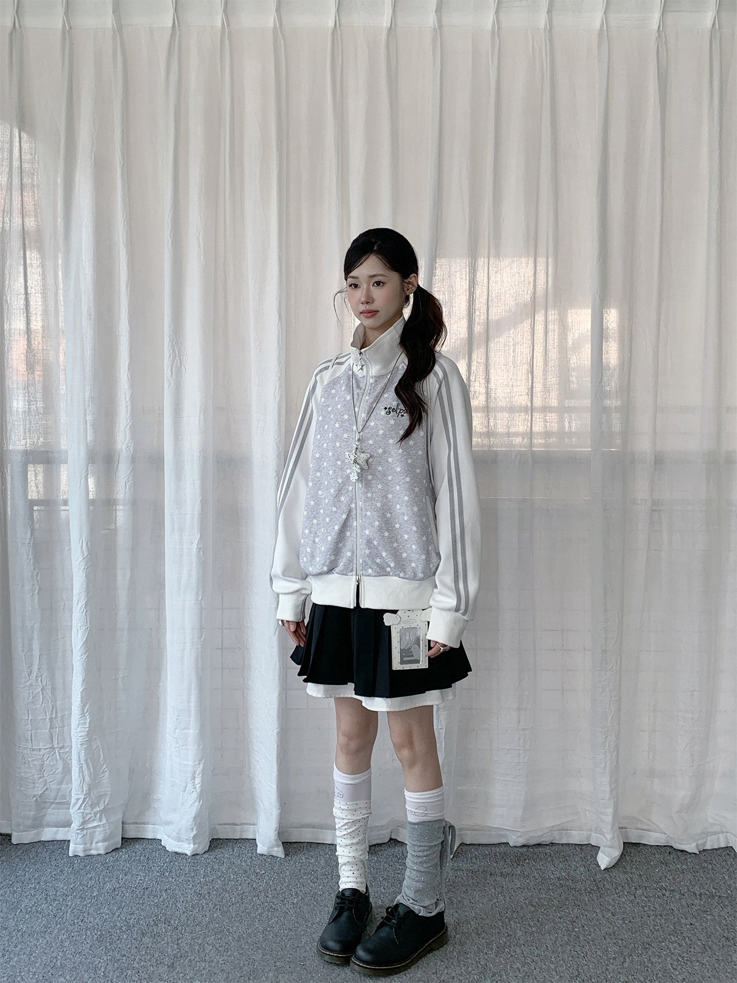 Gray Star Stripe Zip-Up Track Jacket