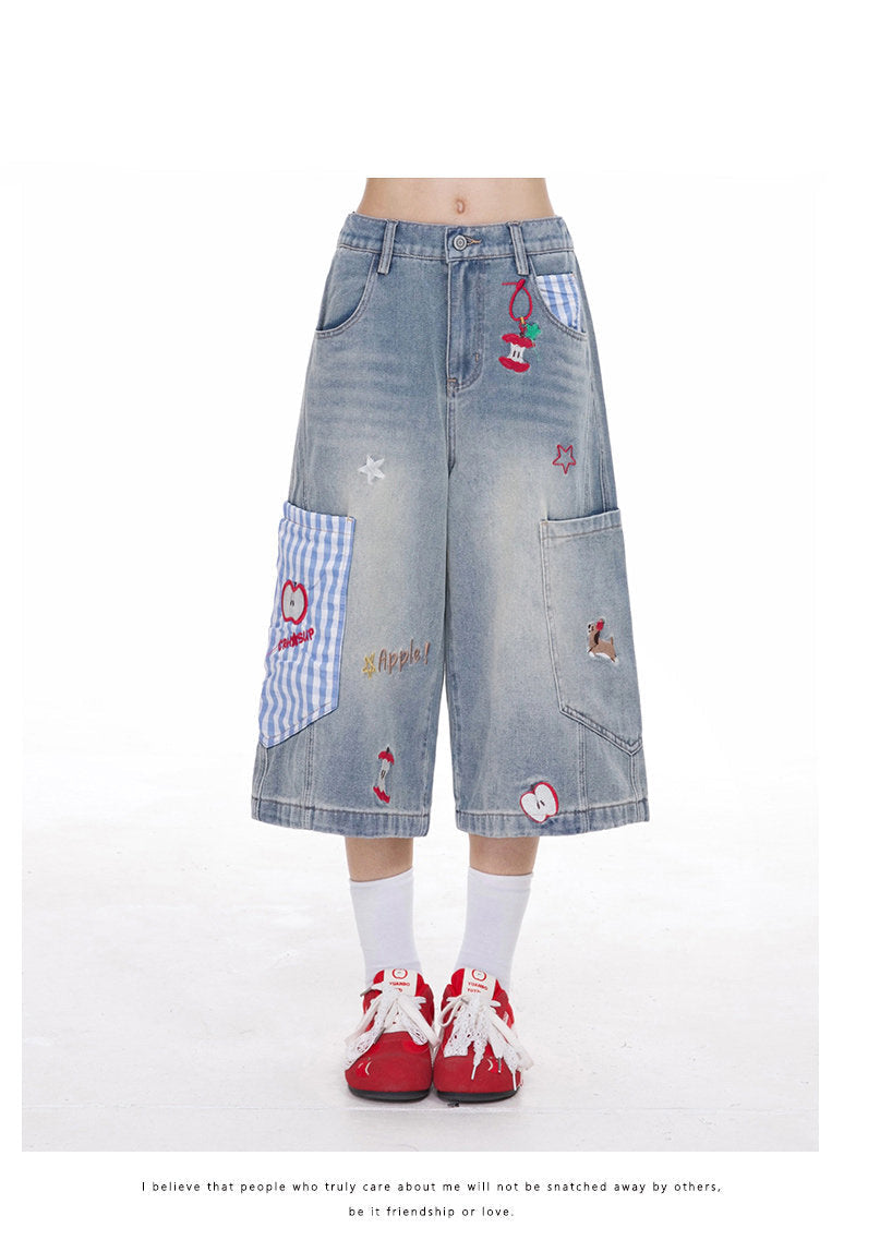 Apple Plaid Cropped Wide-Leg Jeans