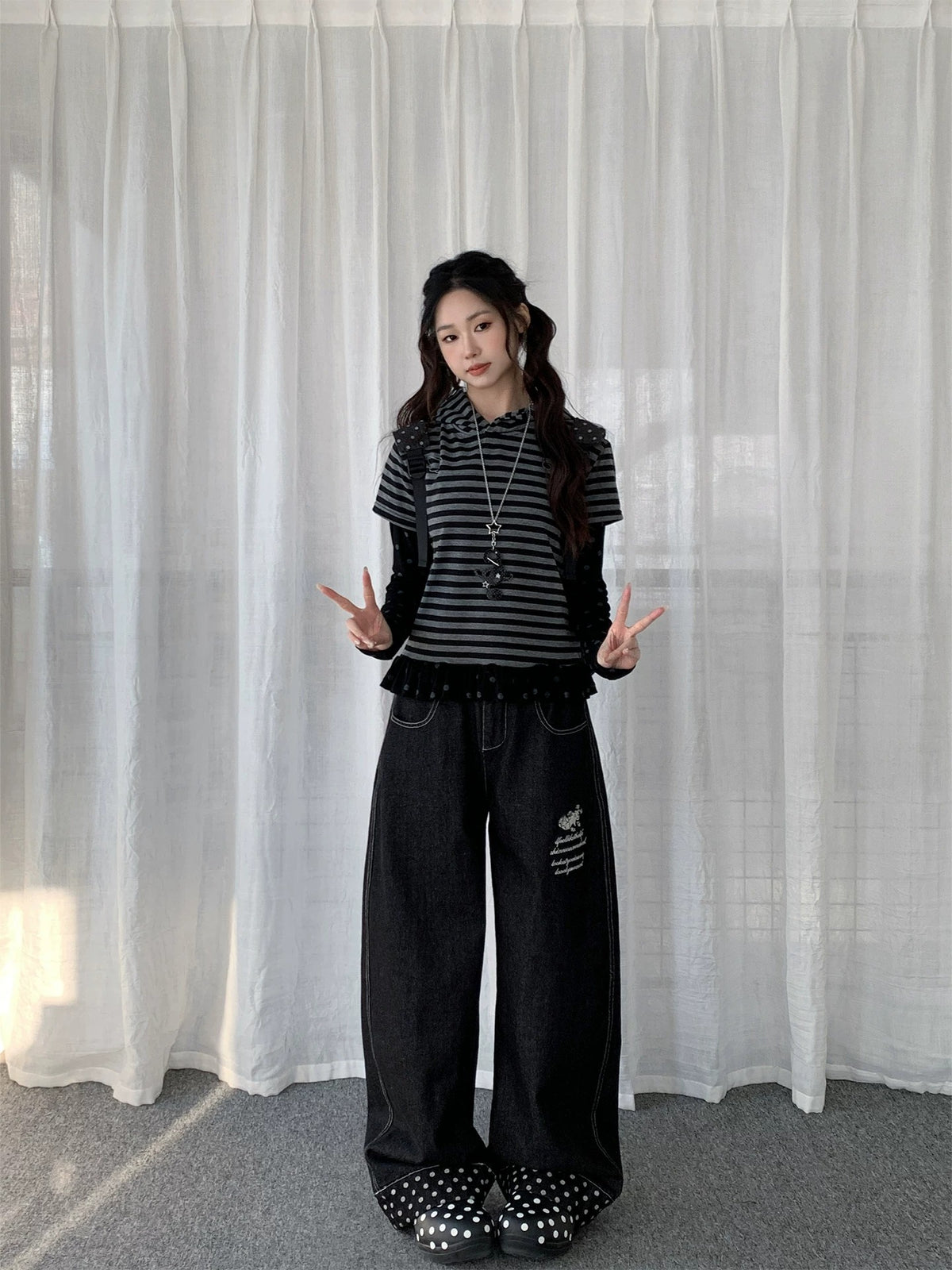 Polka-Dot Cuff Barrel-Leg Jeans
