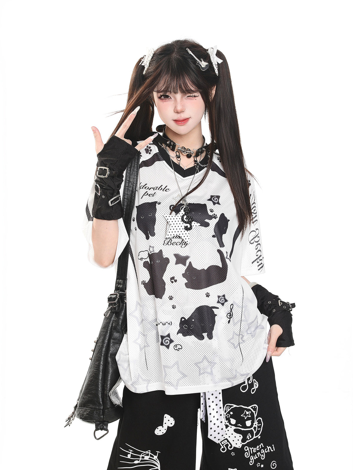 Cartoon Cat V-Neck Oversized Tee