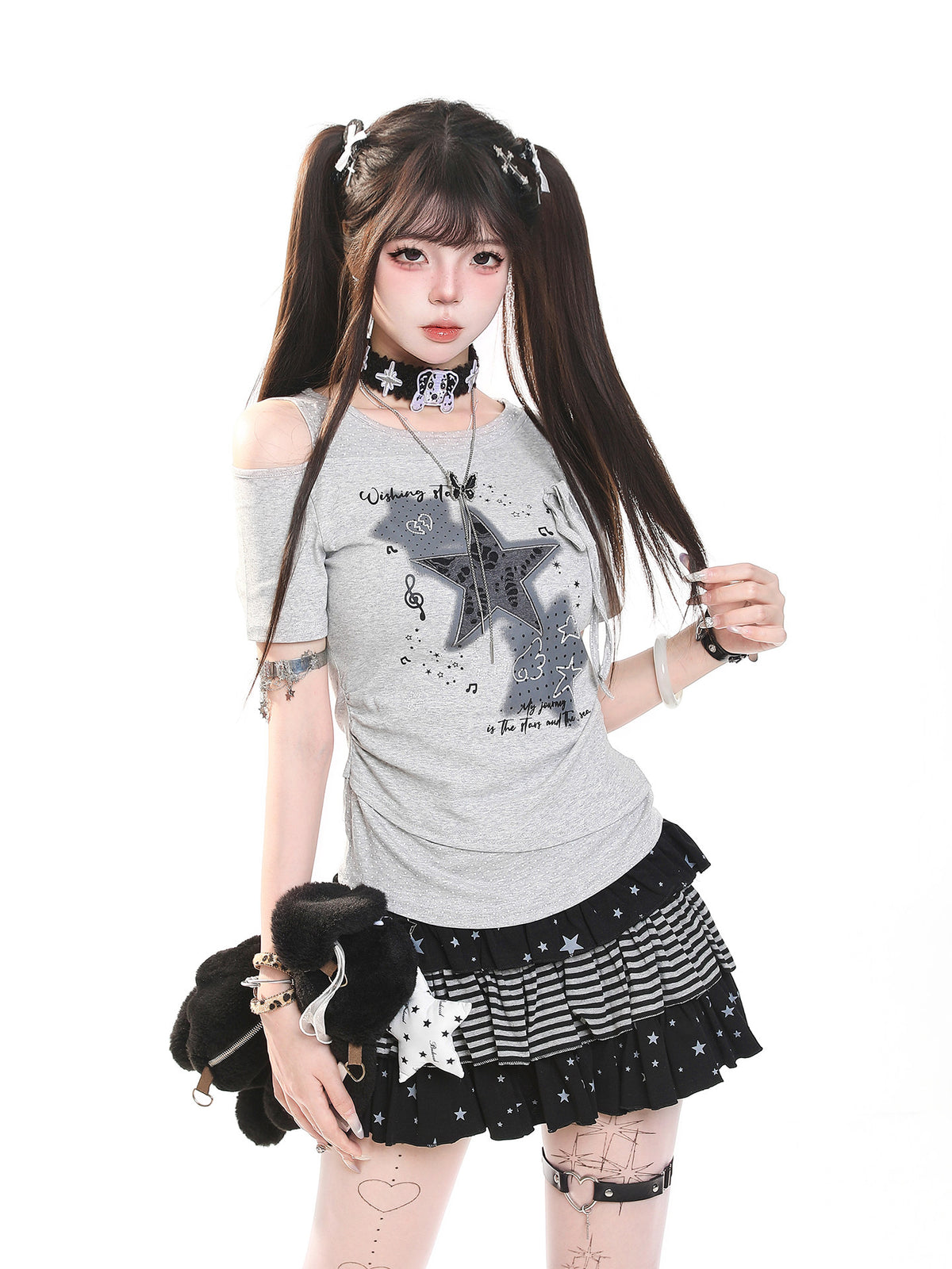 Off-Shoulder Faux-Layered Fitted Tee