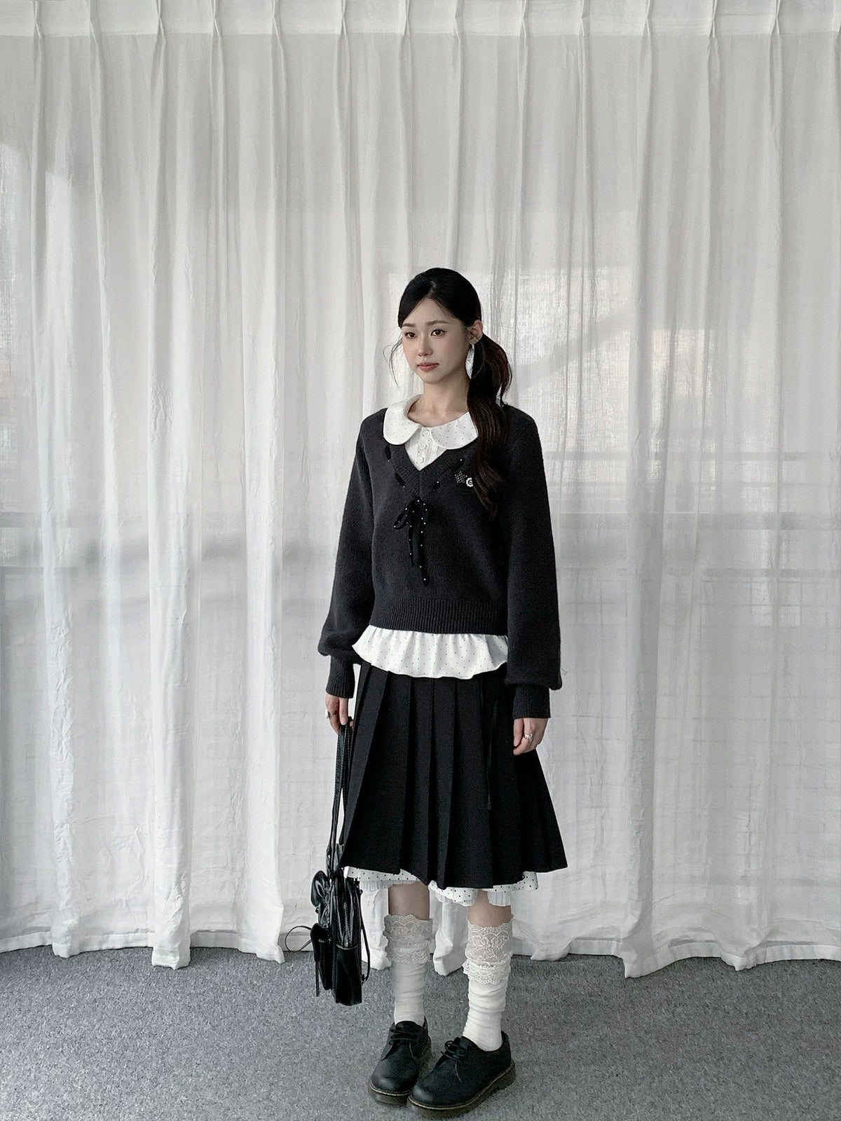 Black Bow Knit Sweater & Polka Dot Peter Pan Collar Two-Piece Set