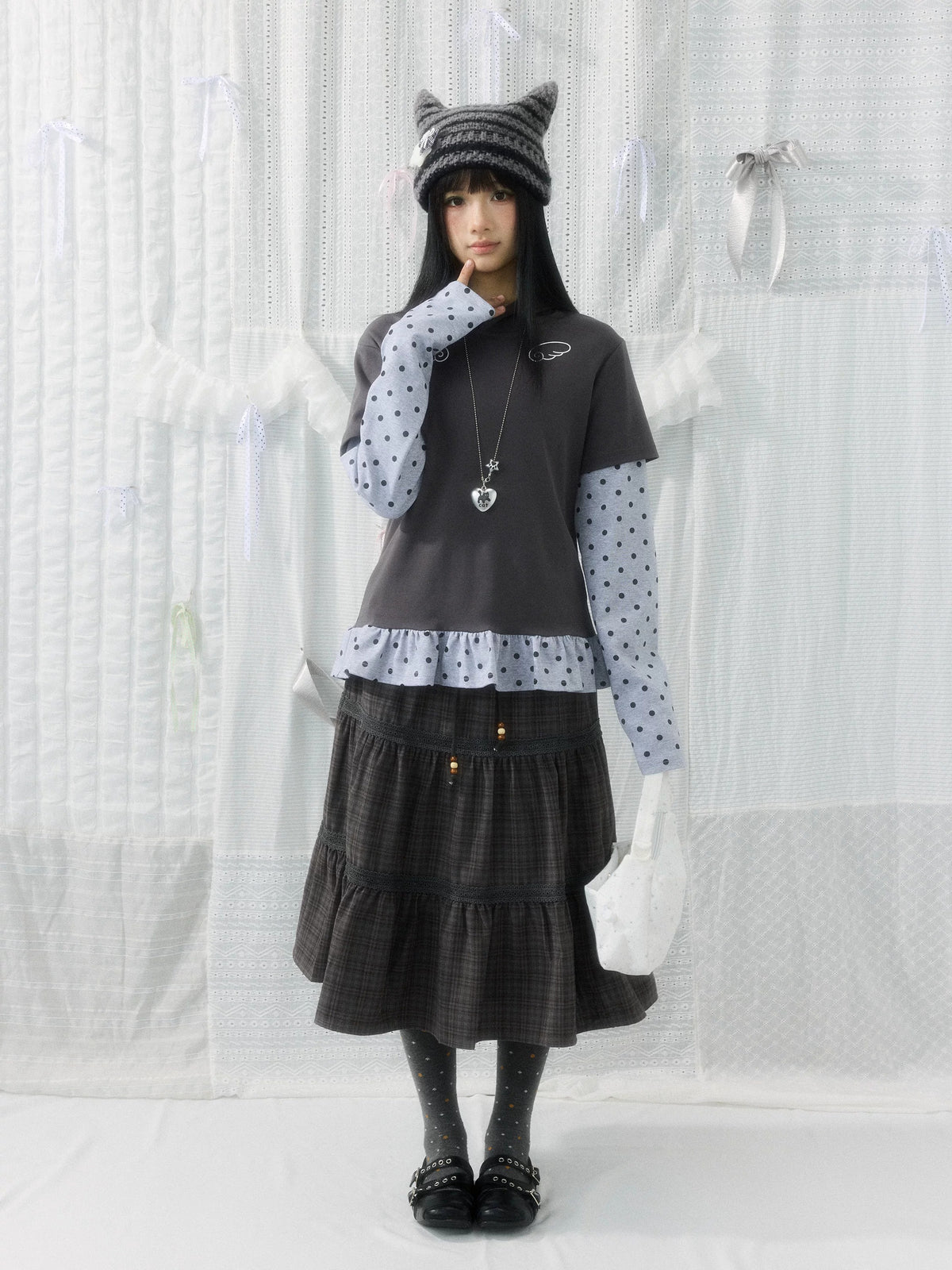 Angel Wing Polka-Dot Layered Hooded Long Sleeve Top