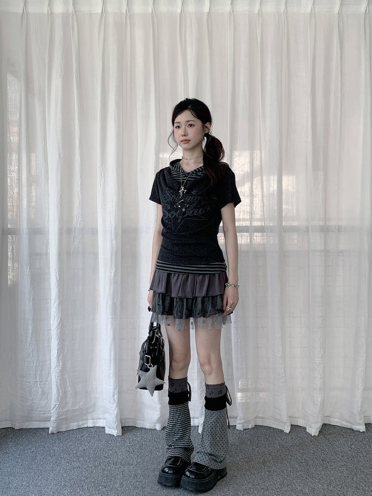 Charcoal Stripe-Layer Hooded Short Sleeve Top
