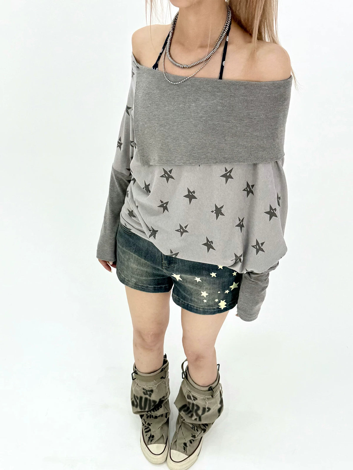 Star Print Draped Off-Shoulder Long Sleeve Top