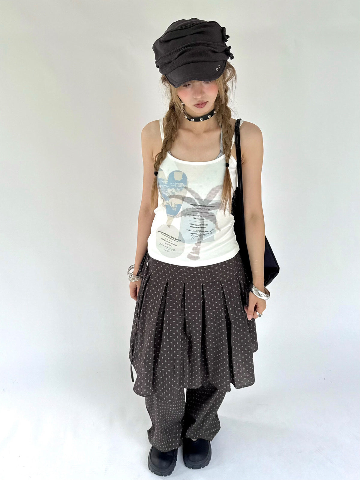 Polka Dot Layered Skirt Wide-Leg Pants