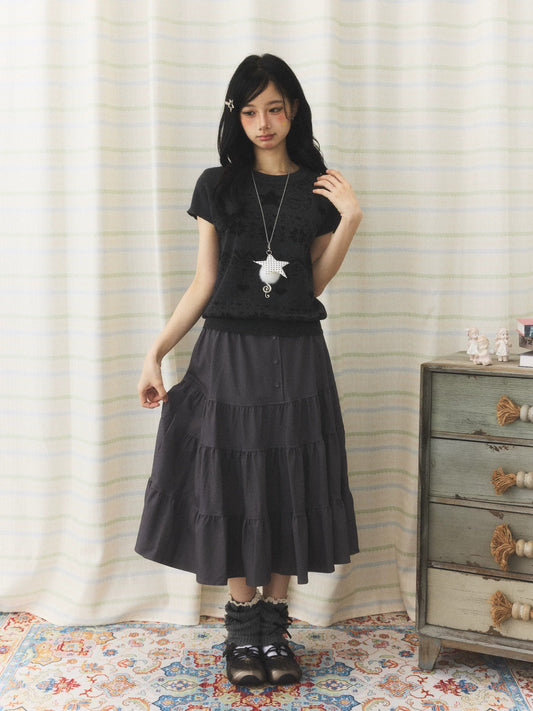 Charcoal Tiered Button Midi Skirt
