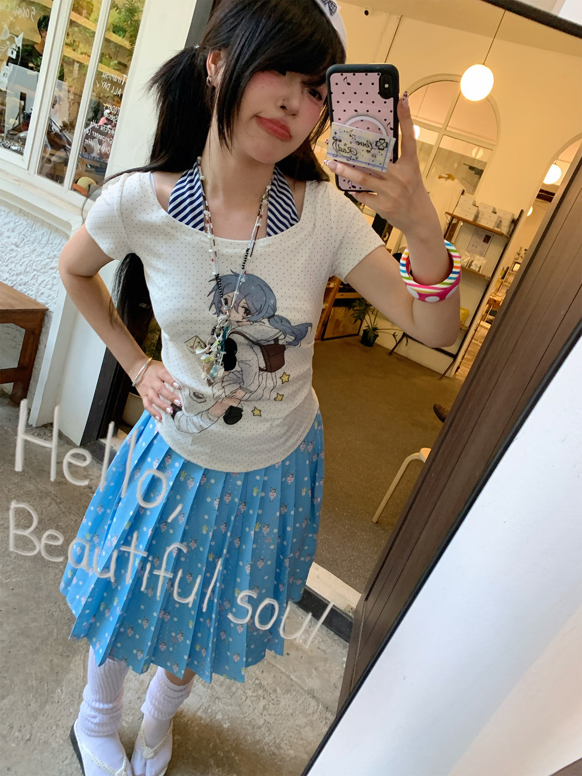 Blue-Hair Girl Striped Faux-Layered Fitted Tee