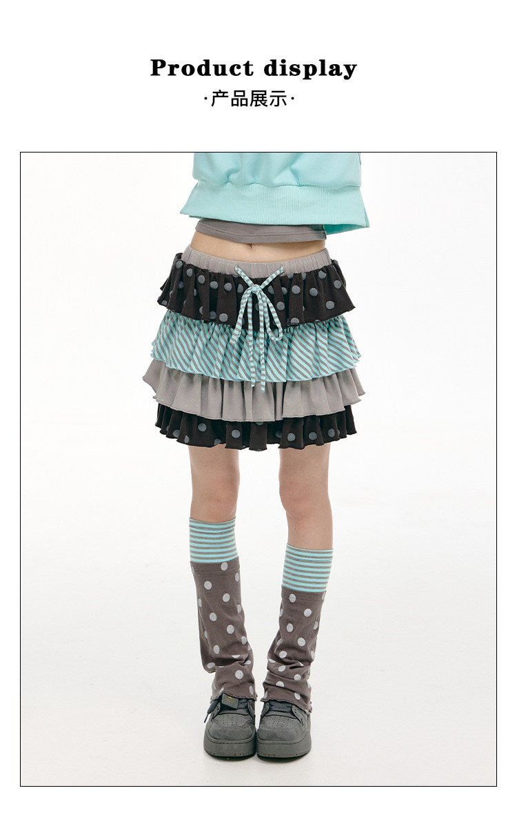 Gray Green Polka Dot & Stripe Tiered Mini Skirt