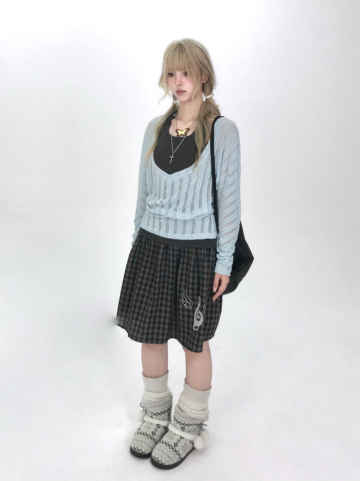 Icy Blue Striped Halter-Layered Long Sleeve Top