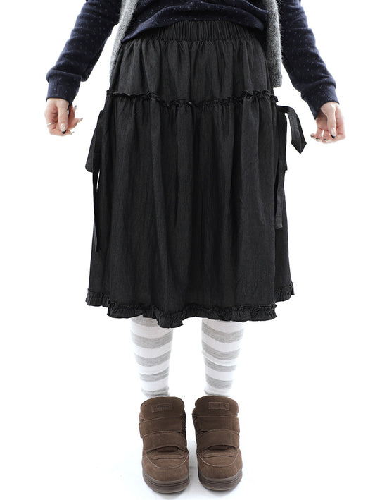 Washed Black Ruffle-Tiered Denim Midi Skirt