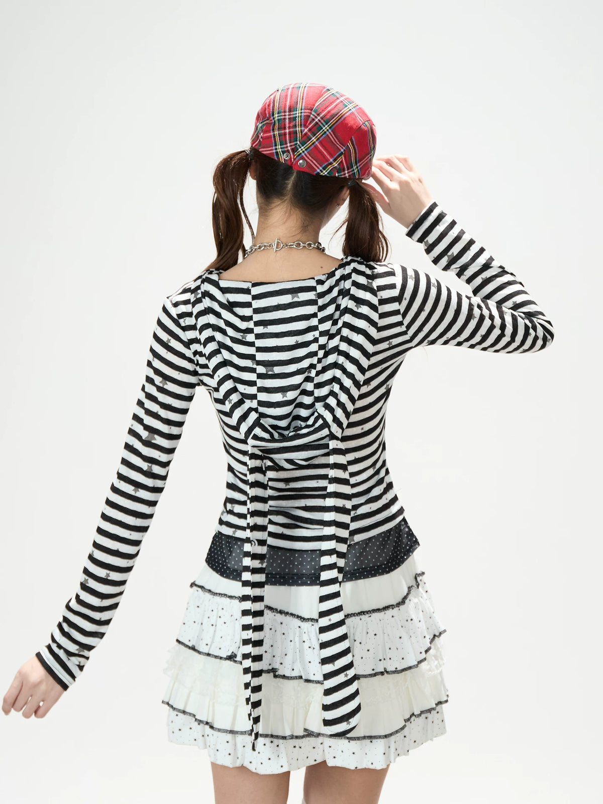 Star Stripe Bunny-Ear Hooded V-Neck Long Sleeve Top