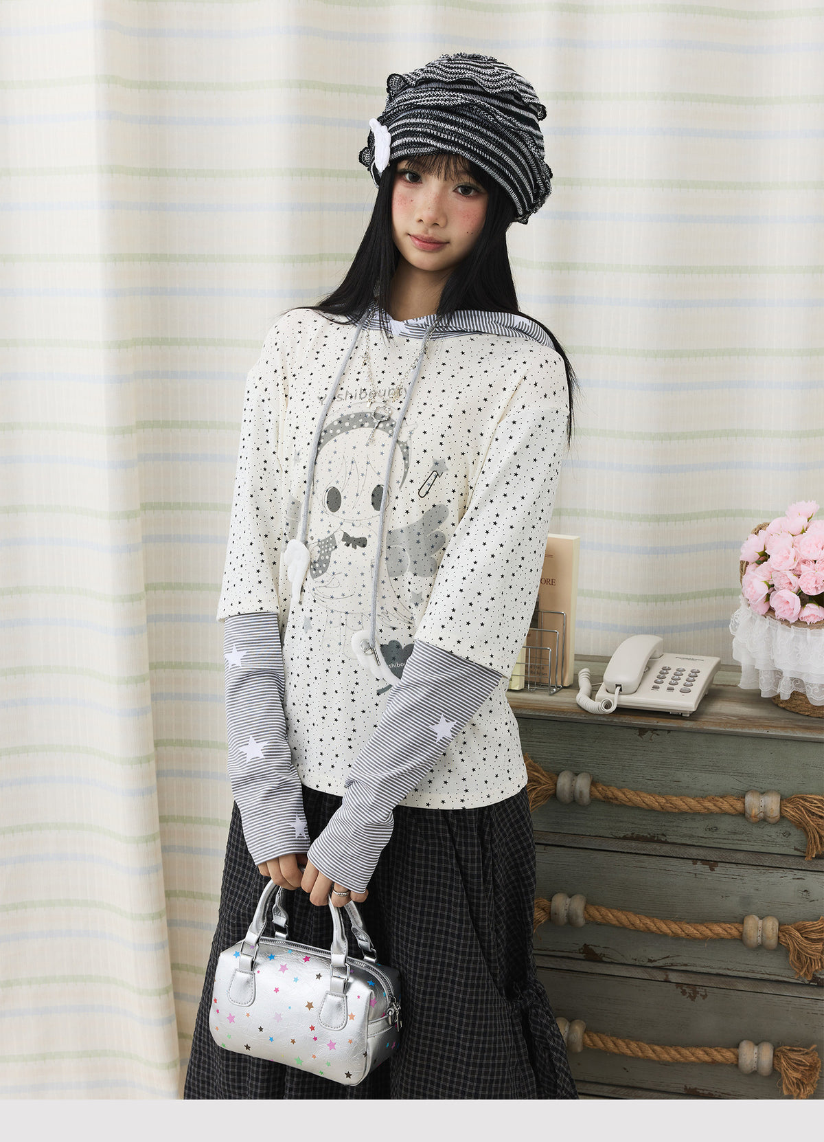 Cartoon Star Print Faux-Layer Hooded Top