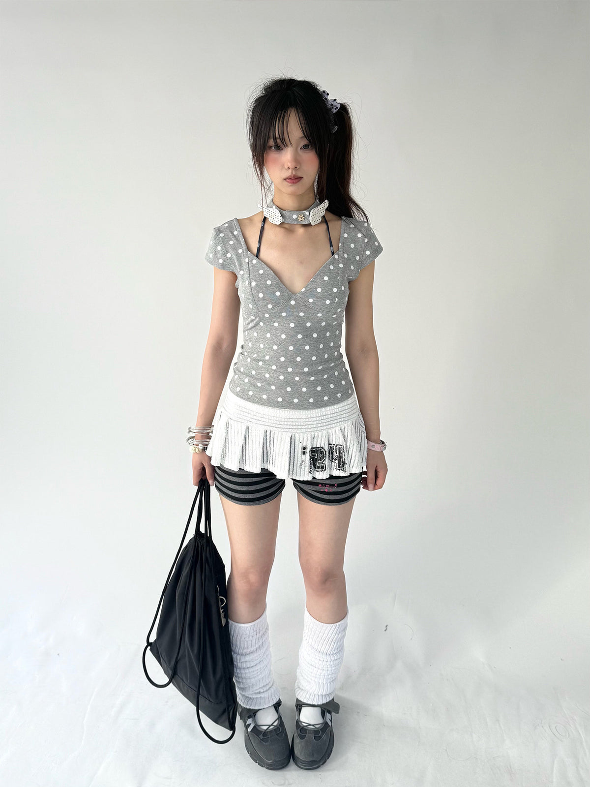 Polka Dot V-Neck Fitted Tee with Choker