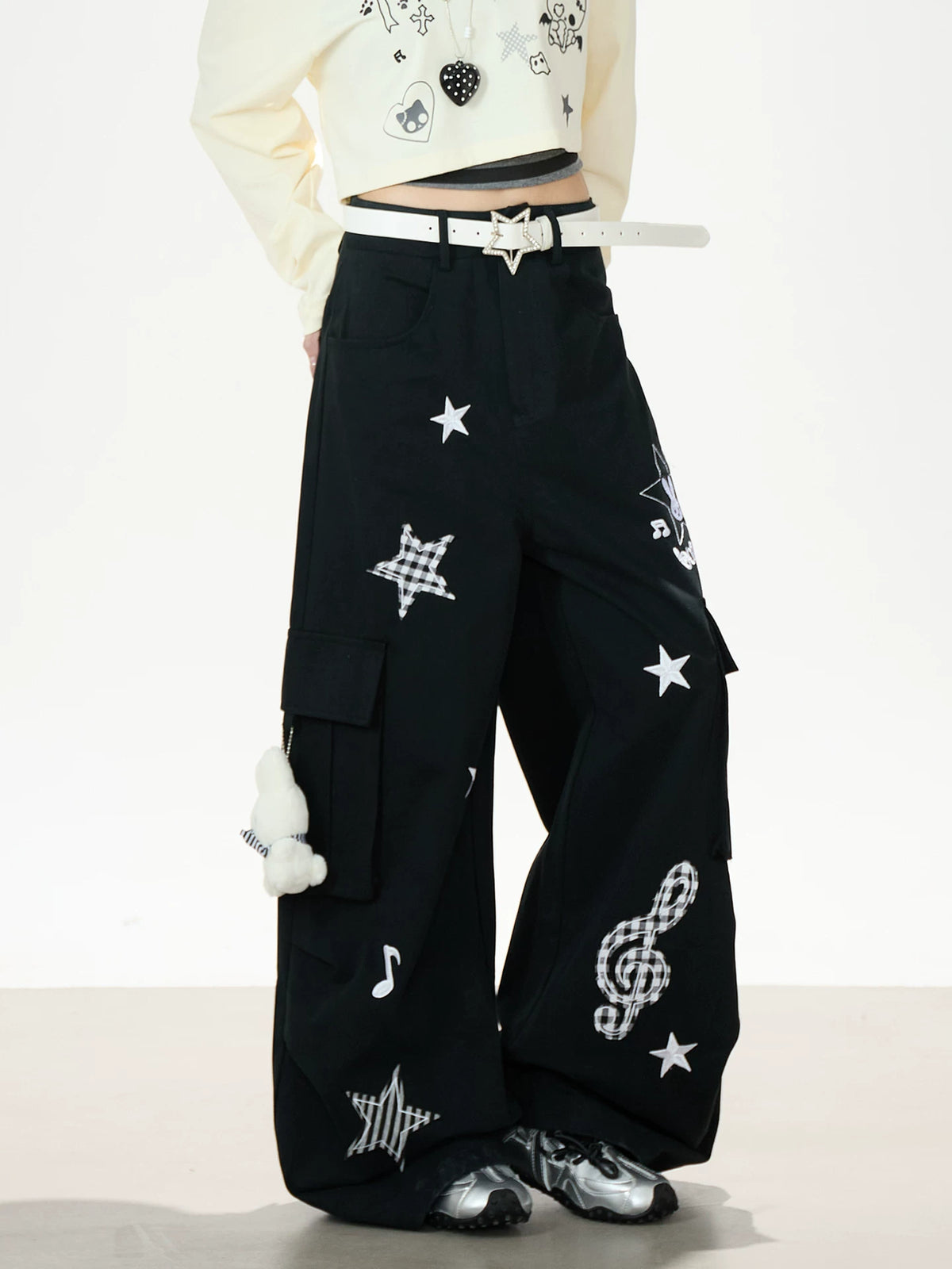 Cartoon Patch Embroidered Wide-Leg Cargo Pants