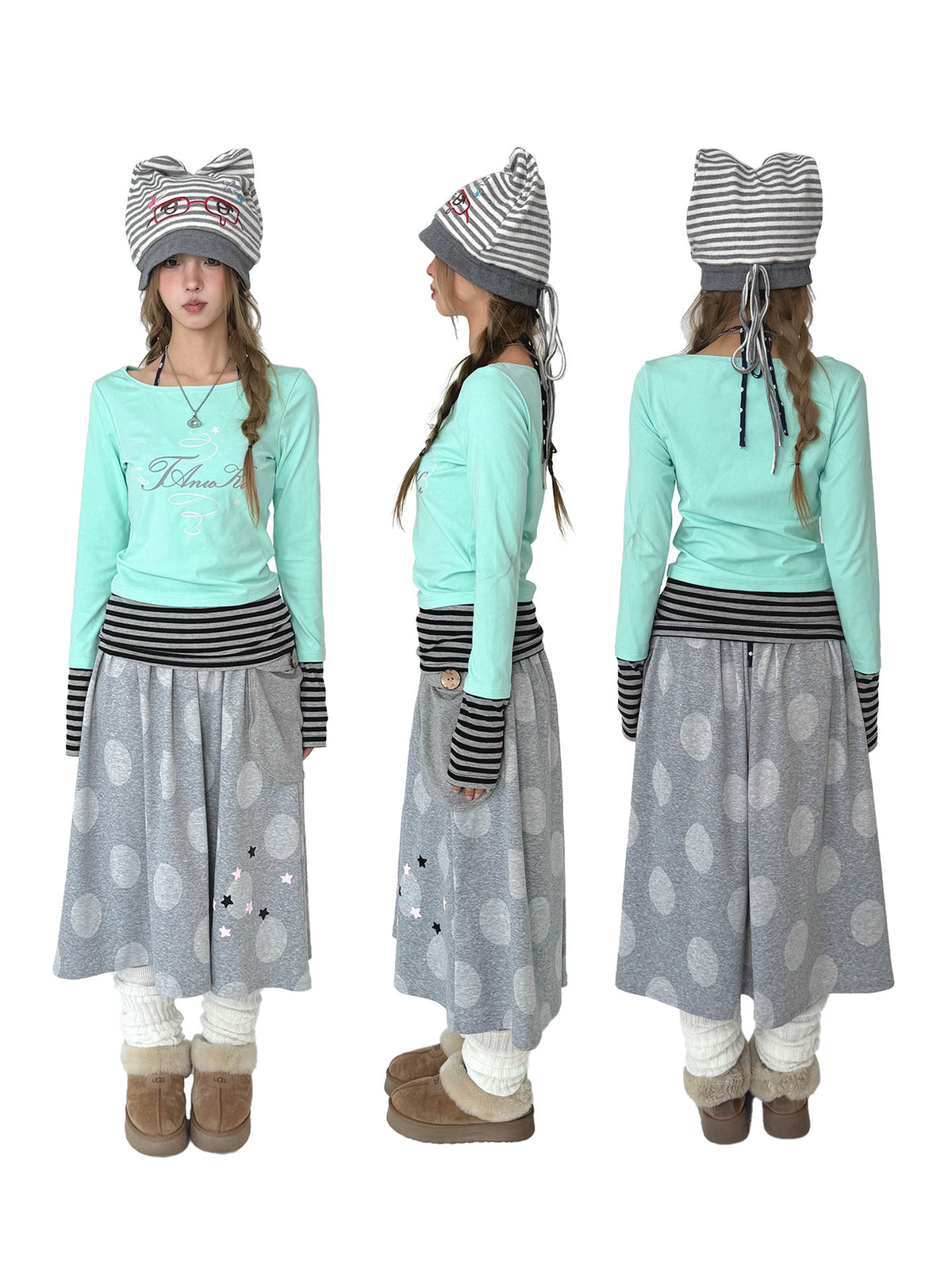 Mint Green Stripe-Cuff Long Sleeve Top