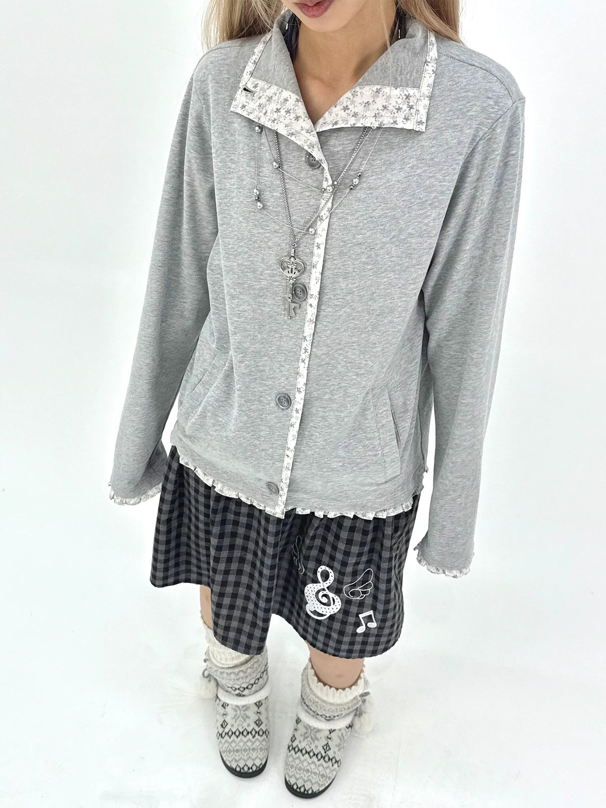 Floral-Trim Stand Collar Button Cardigan