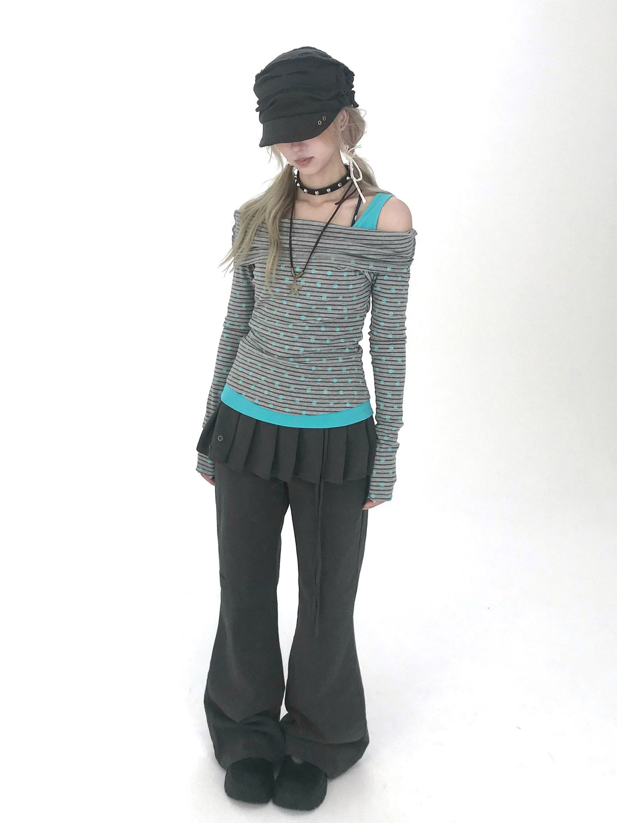 Polka Dot Asymmetric Layered Long Sleeve Top