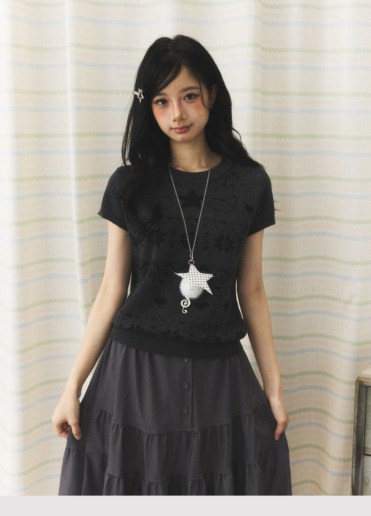 Vintage Jacquard Knit Short Sleeve Top