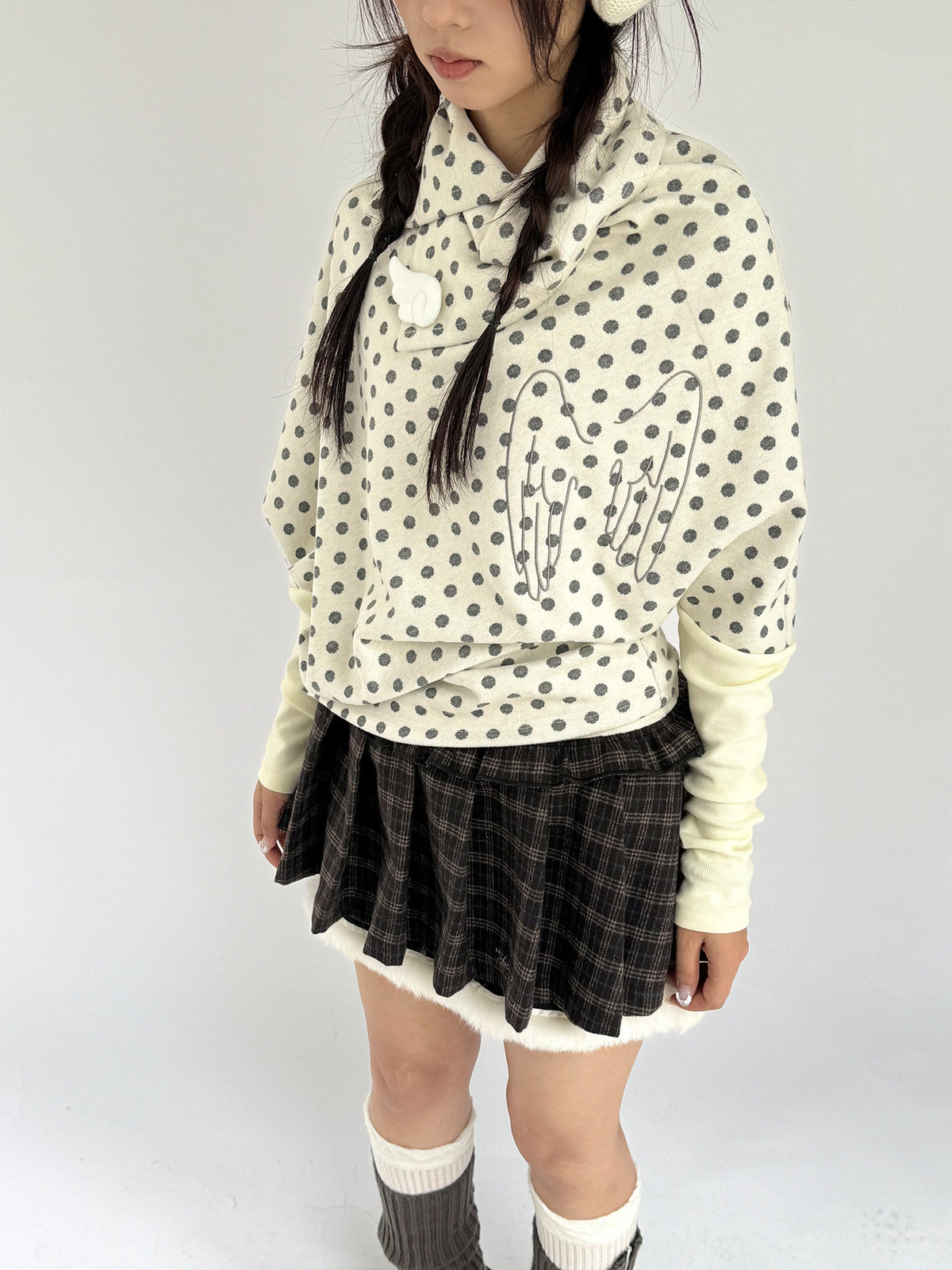 Brown Plaid Fuzzy-Trim Pleated Mini Skirt