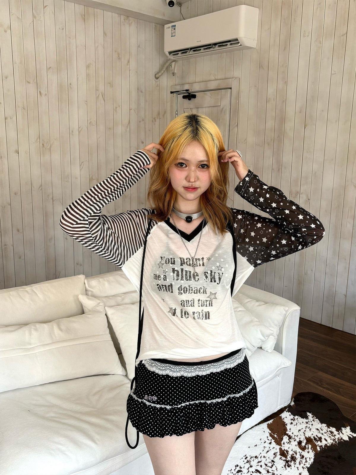 Star Mesh Stripe Contrast Lyocell Long Sleeve Top