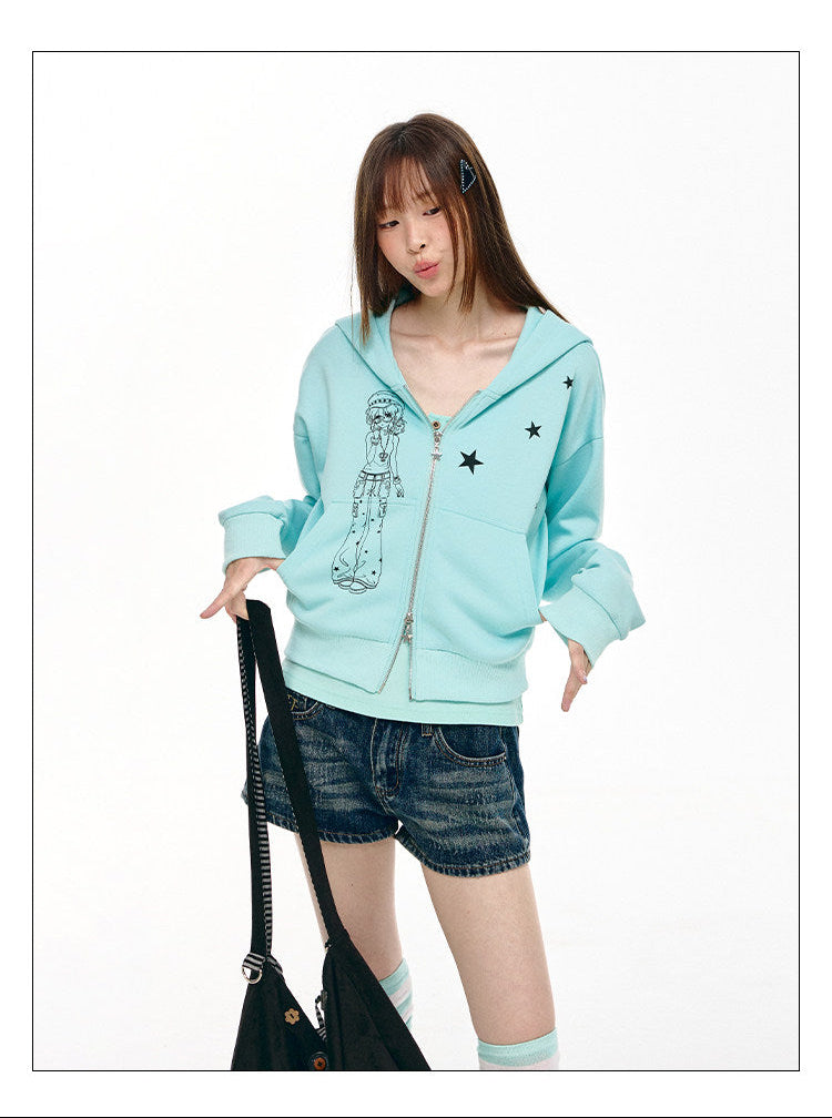 Mint Star Double-Zip Cropped Hoodie