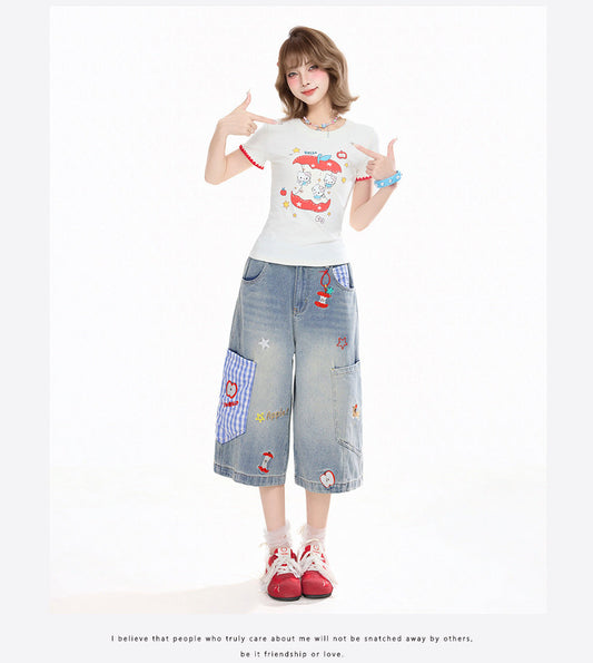 Apple Plaid Cropped Wide-Leg Jeans