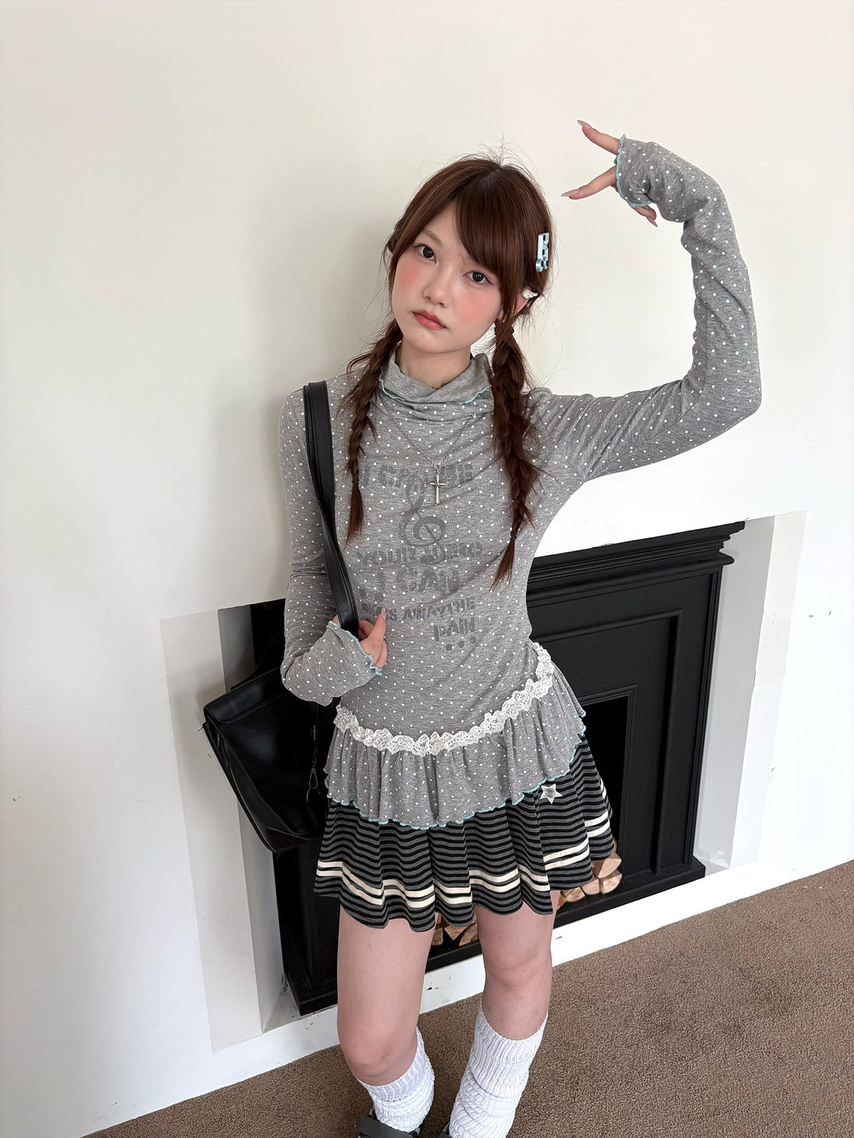 Polka Dot Lace-Trim Mock-Neck Long Sleeve Top