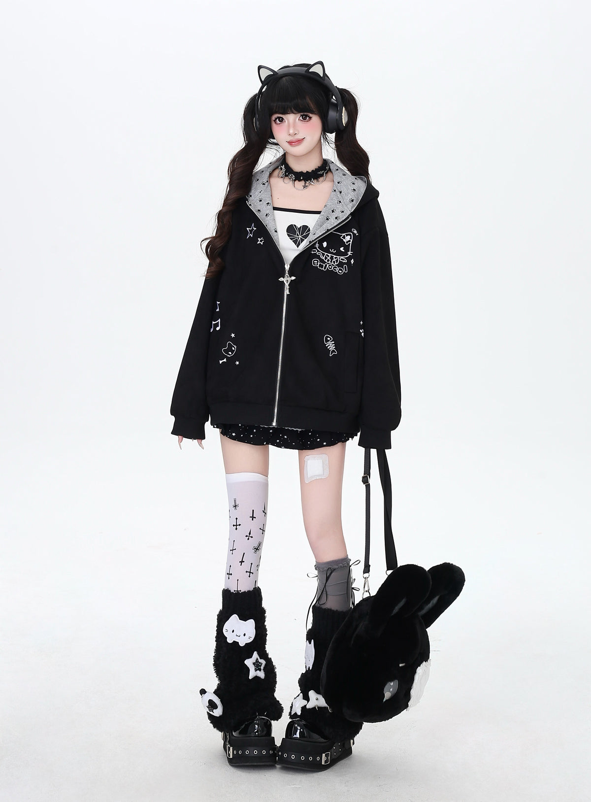 Cat Paw Embroidered Cat-Ear Zip Hoodie