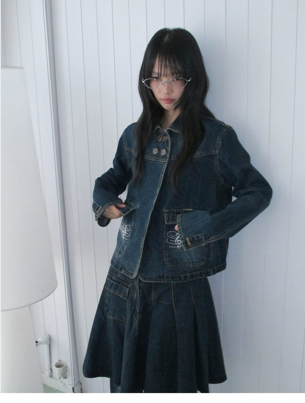 Washed Denim Music-Note Embroidered Jacket