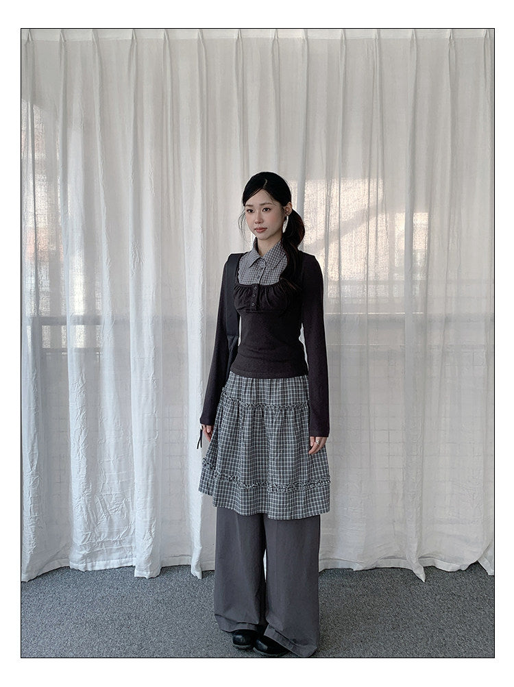 Plaid Layered Skirt Wide-Leg Pants