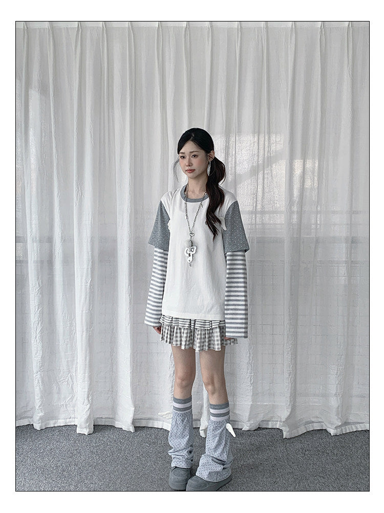 Ivory Polka Dot Stripe Faux-Layer Long Sleeve Top