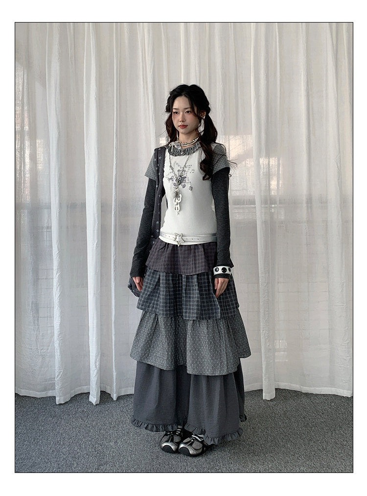 Layered Plaid Polka Dot Tiered Maxi Skirt