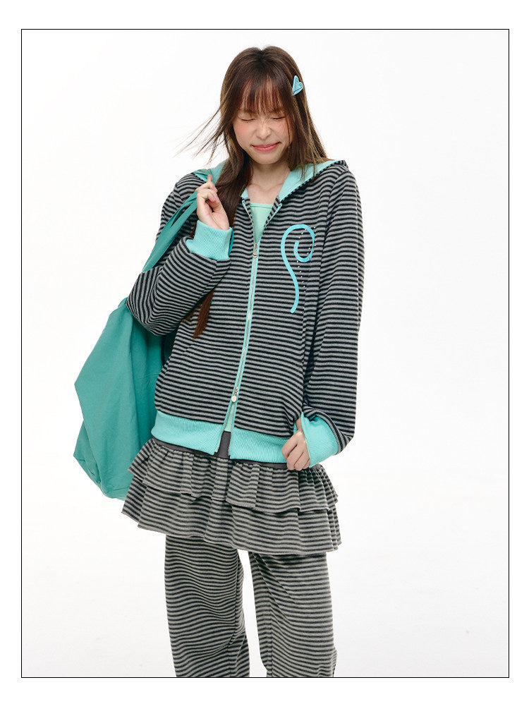 Mint Contrast Stripe Double-Zip Hoodie