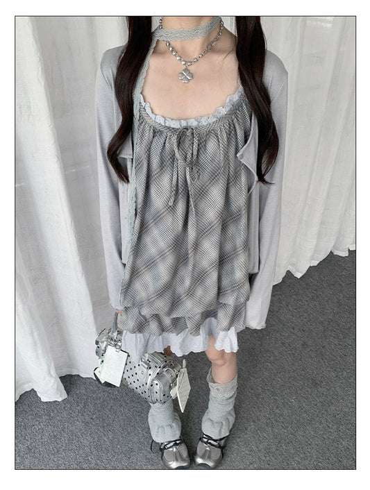 Dusty Blue Plaid Lace Bubble Dress Three-Piece Set