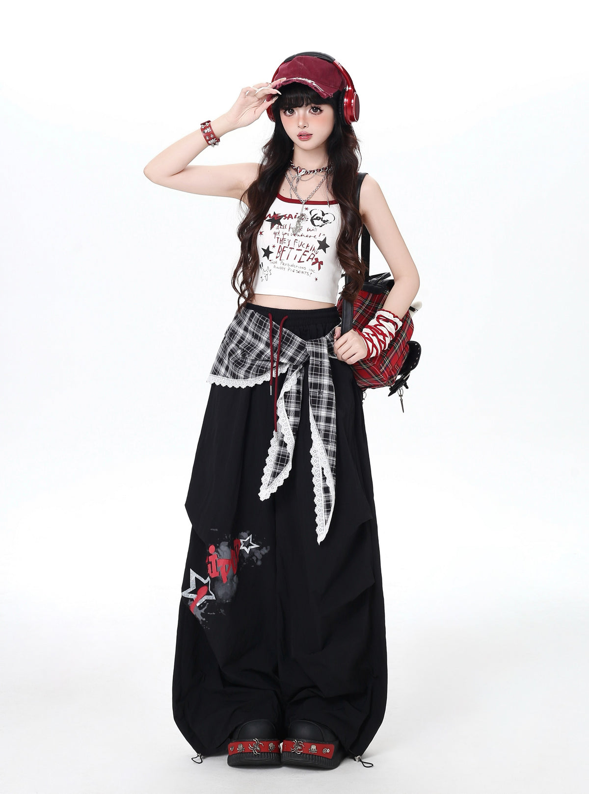 Plaid Scarf Layered Wide-Leg Cargo Pants