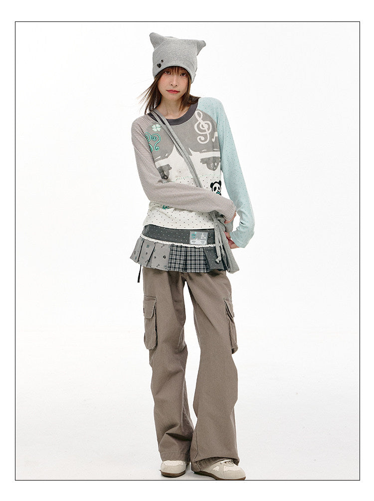 Mint Polka Dot Contrast-Sleeve Graphic Long Sleeve Top