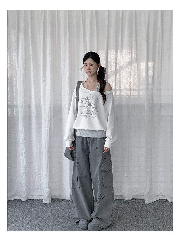 Star Embroidered Cargo Wide-Leg Jeans