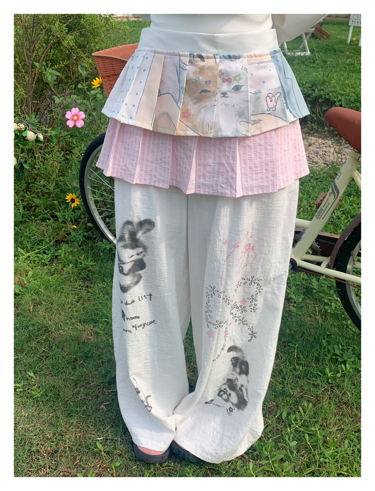 Pink Cat Double-Layer Layering Skirt