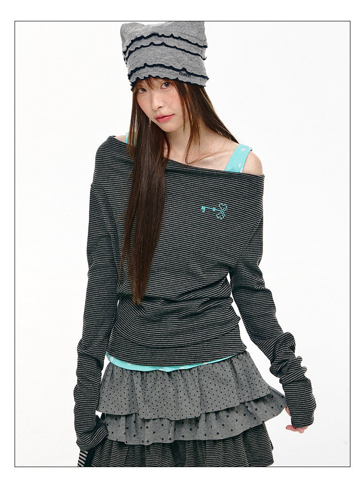 Charcoal Stripe Off-Shoulder Faux-Layer Long Sleeve Top