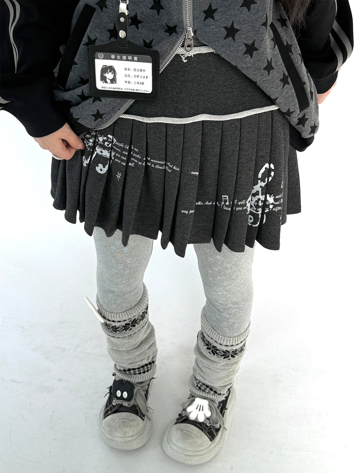 Music Note Rolled-Waist Pleated Mini Skirt