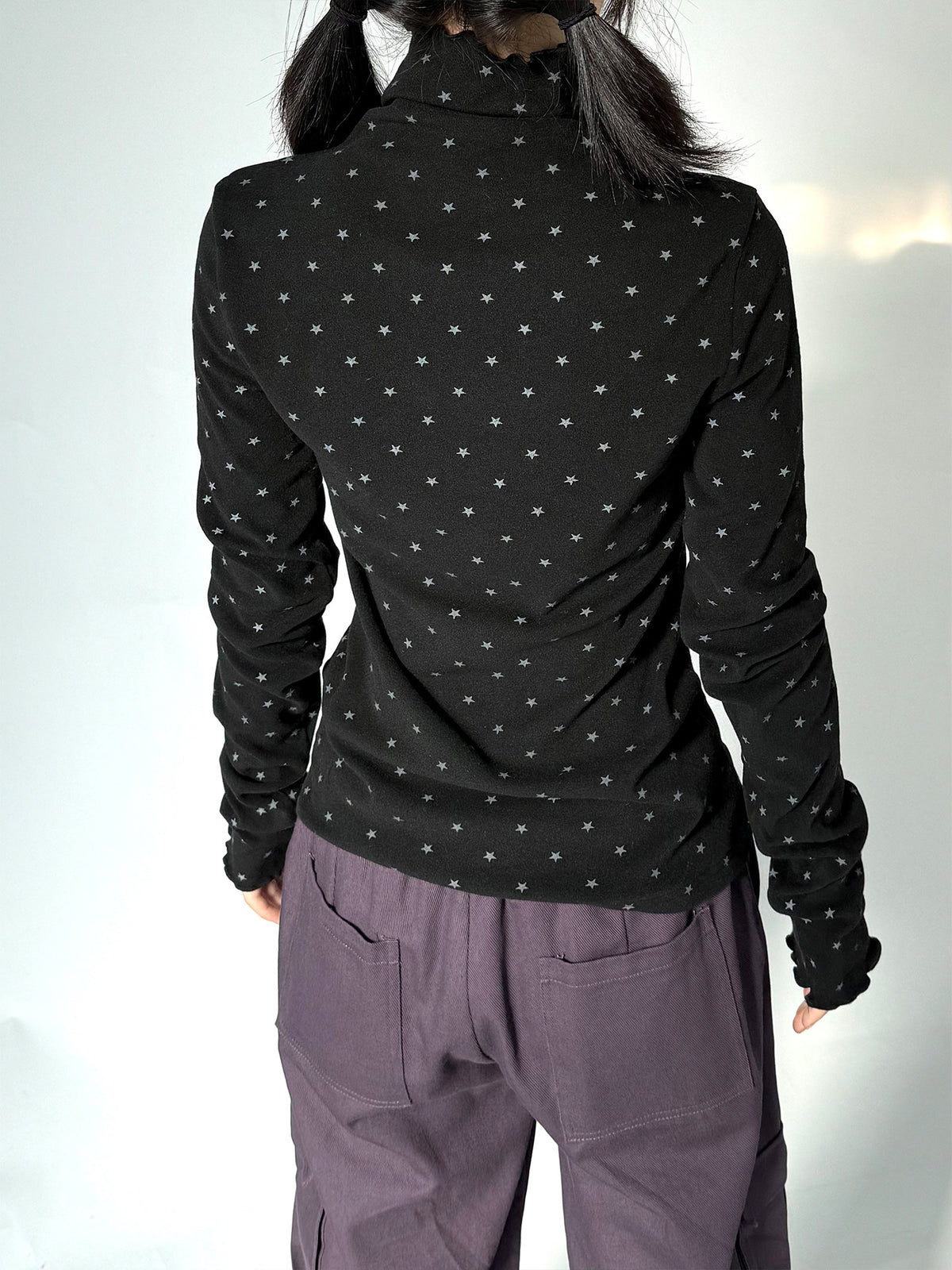Star Print Mock Neck Thermal Long Sleeve Top